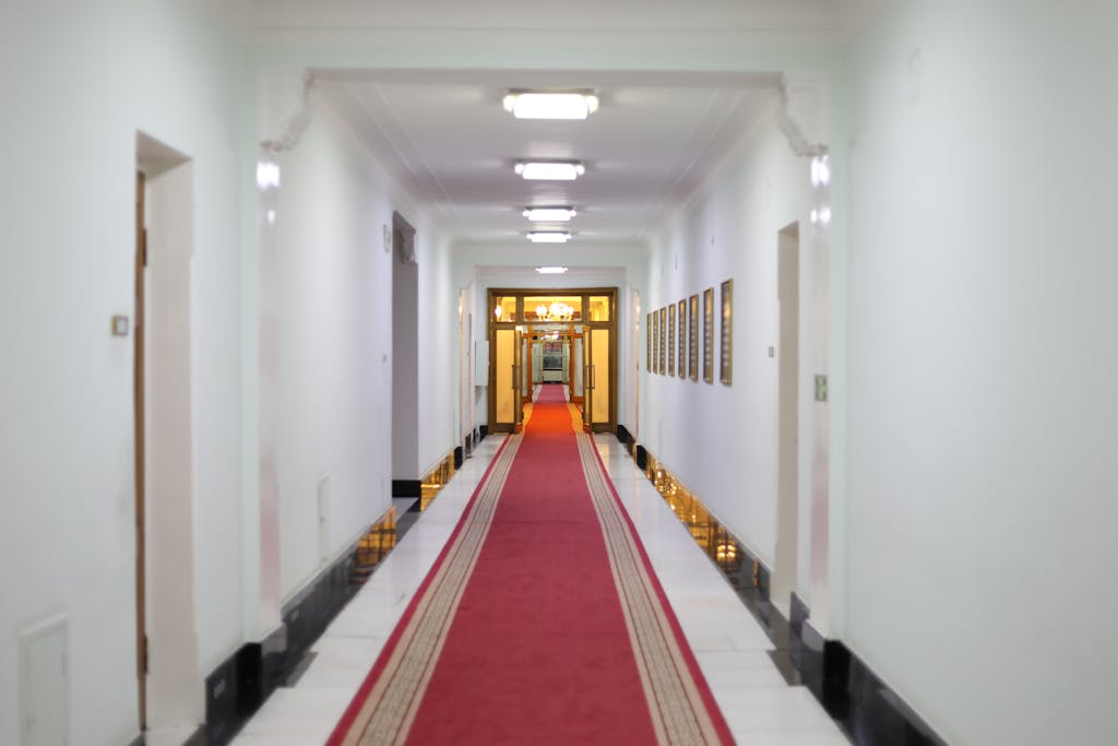 Elegant hotel corridor with a luxurious red carpet and modern lighting.